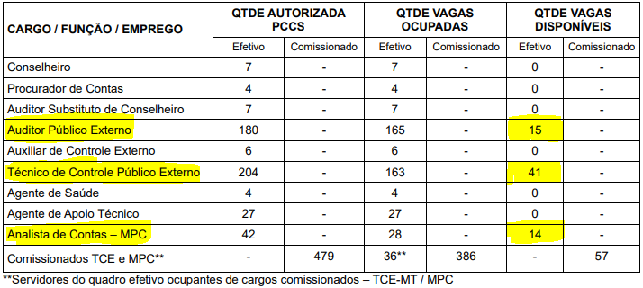 Quadro de cargos efetivos do TCE-MT com vagas autorizadas, ocupadas e disponíveis